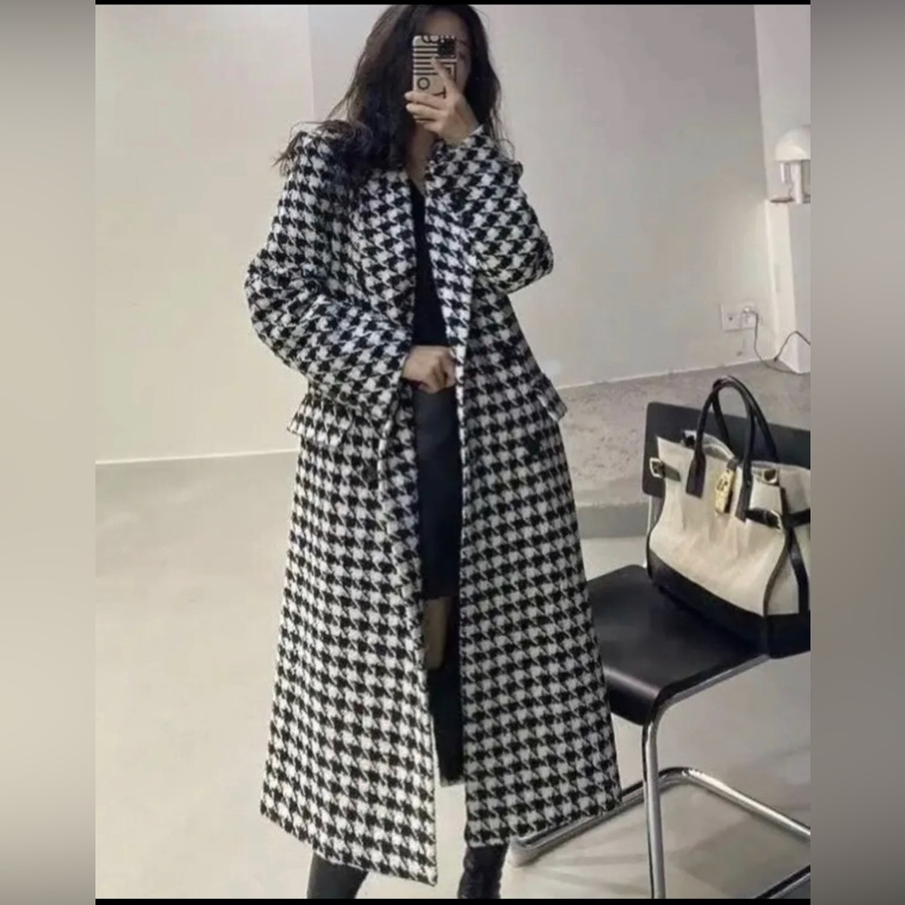 Coat size large women peacoat houndstooth wool jacket lined black white long